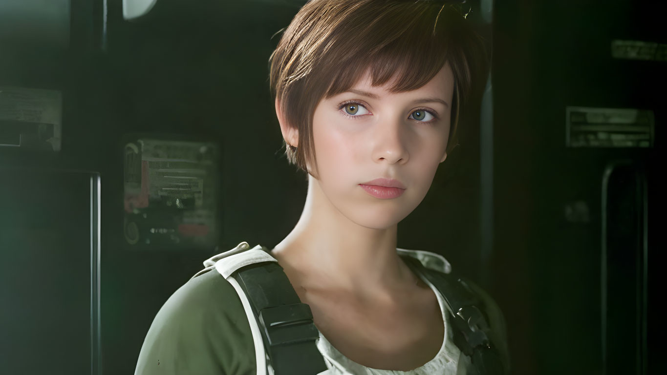 Digital artwork: Young woman with short brown hair, green top, white overalls, thoughtful expression