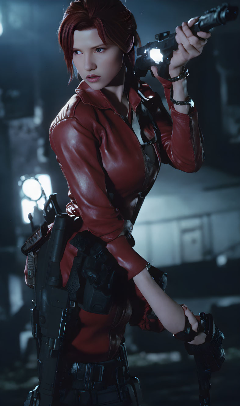 Female in red leather jacket with guns in dimly lit setting