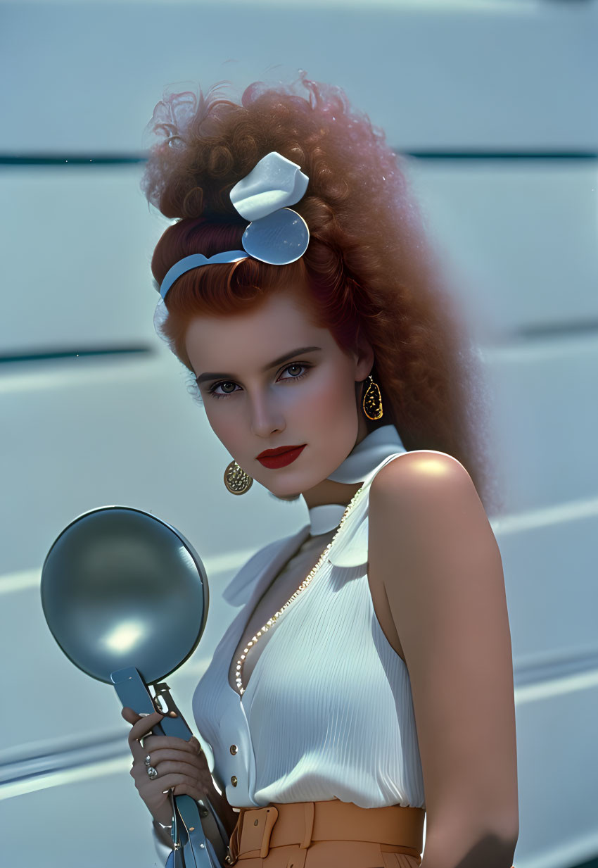 Curly-Haired Woman in Vintage Makeup and White Blouse with Magnifying Glass