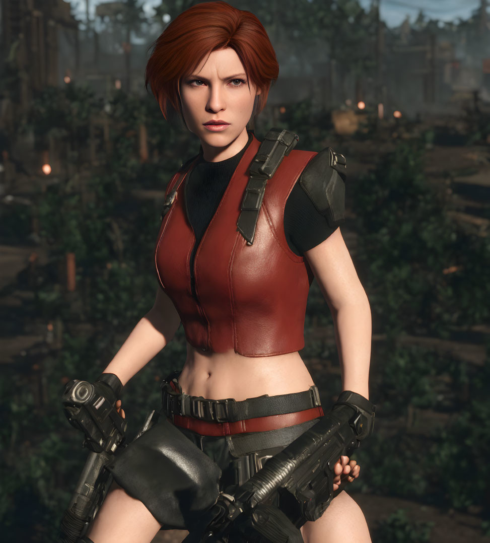 Red-haired female video game character in brown leather vest and black armor in war-torn landscape