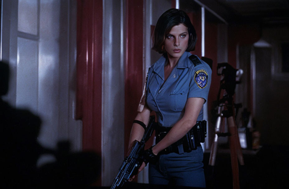 Police woman with rifle navigating dimly-lit hallway