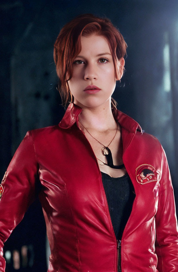 Red-haired woman in red leather jacket and black top with serious expression against dark backdrop