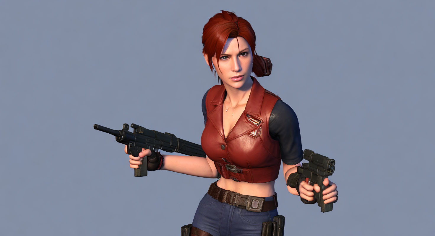 Female character with short red hair, dual-wielding guns in red vest and blue shorts