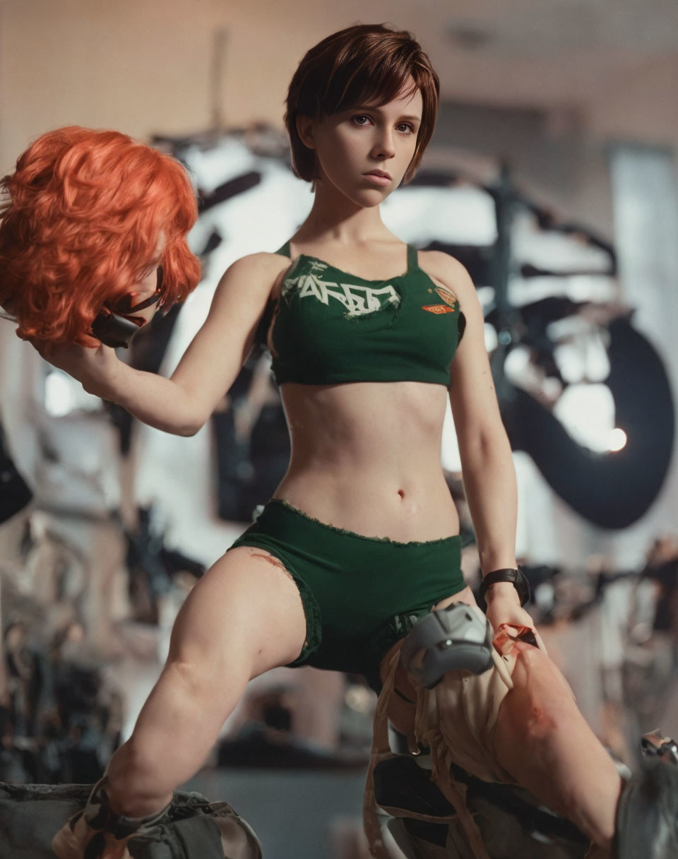 Short-haired female in green crop top and shorts with robotic limb in workshop setting