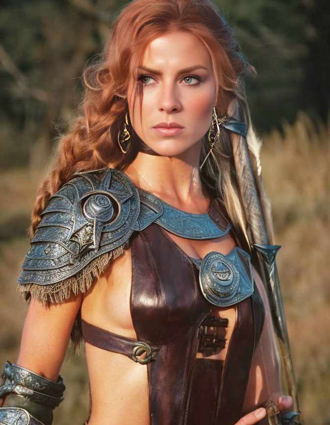 Fantasy-inspired armor woman with braided hair in outdoor setting