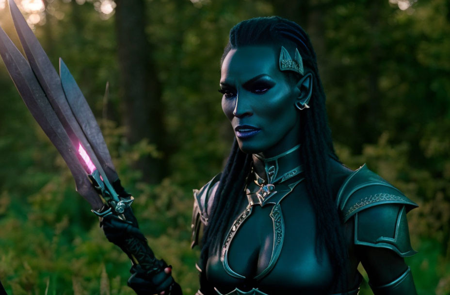 Elaborate Blue Fantasy Makeup and Armor in Twilight Forest