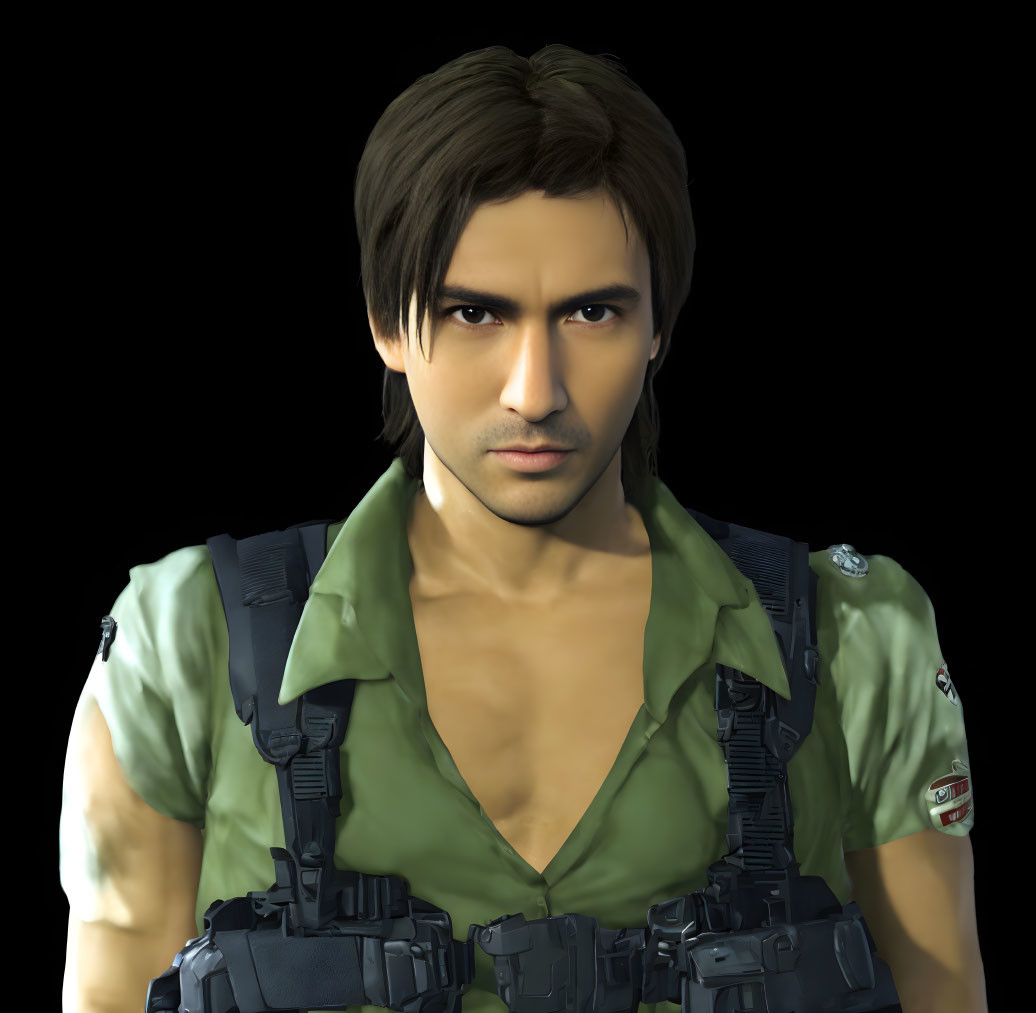 3D rendered image of man in green shirt and tactical vest