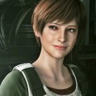 Digital artwork: Young woman with short brown hair, green top, white overalls, thoughtful expression