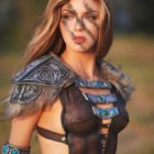 Fantasy-inspired armor woman with braided hair in outdoor setting