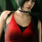 Short Bob Haircut Woman in Red Halter Dress with Choker Necklace