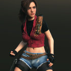 Red-haired female video game character in brown leather vest and black armor in war-torn landscape