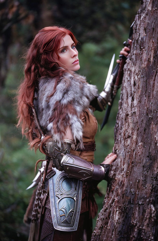 Red-haired woman in medieval fantasy attire with knife in forest scene