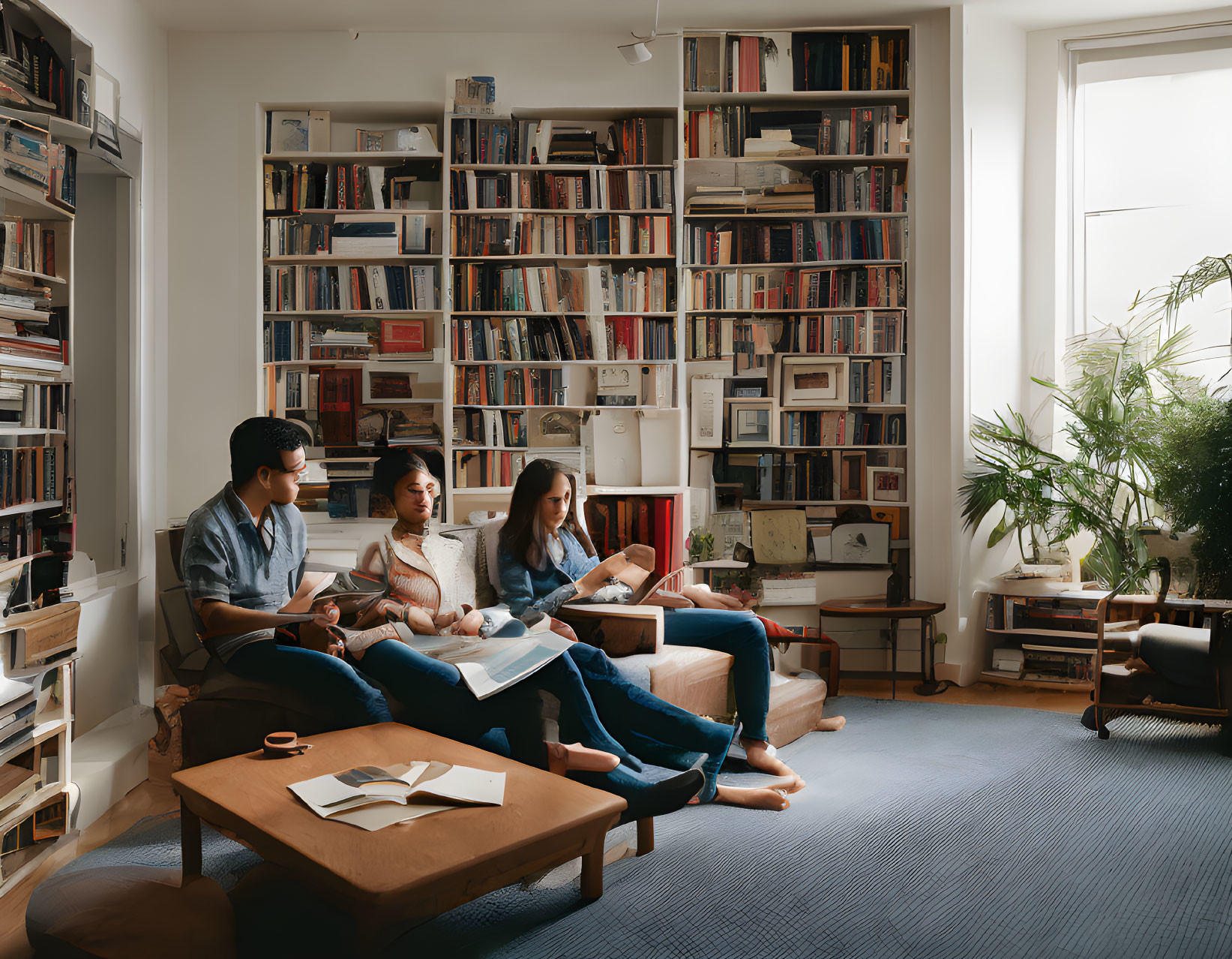 Cozy Room with People Reading Books on Couch