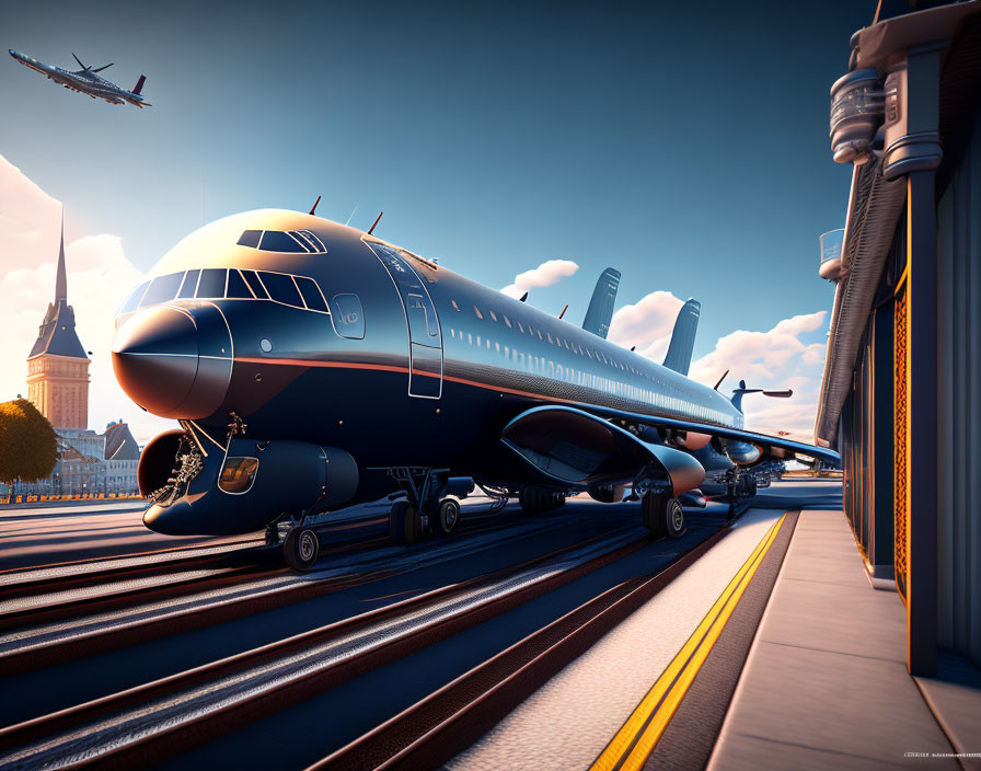 Futuristic jet airplane-themed train at classical architecture platform