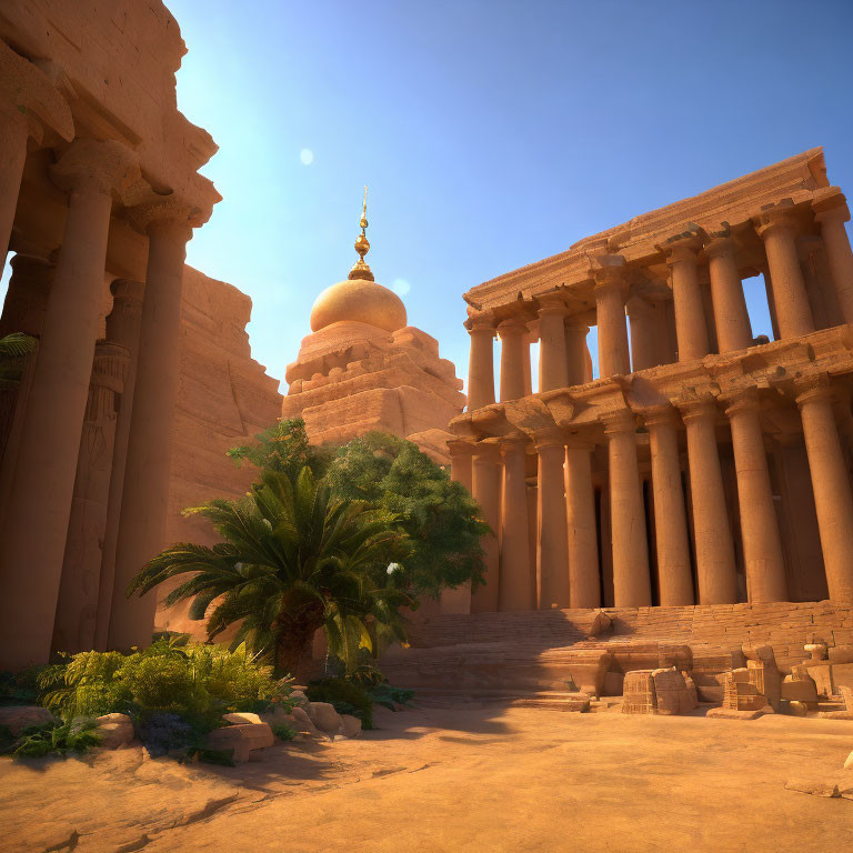 Ancient temple with golden dome and columns under clear sky