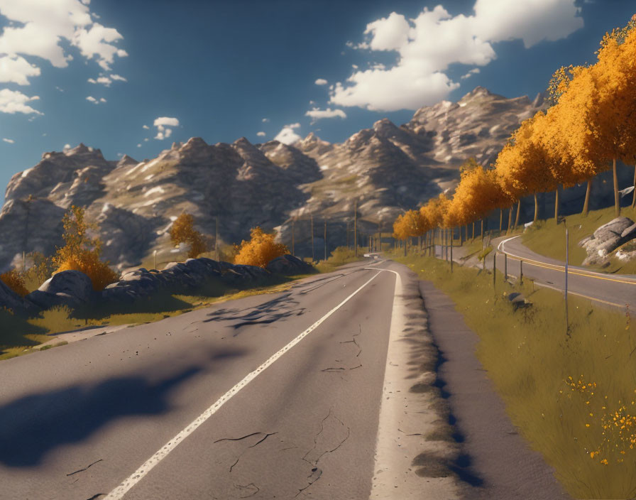 Cracked road in golden tree landscape with mountain backdrop