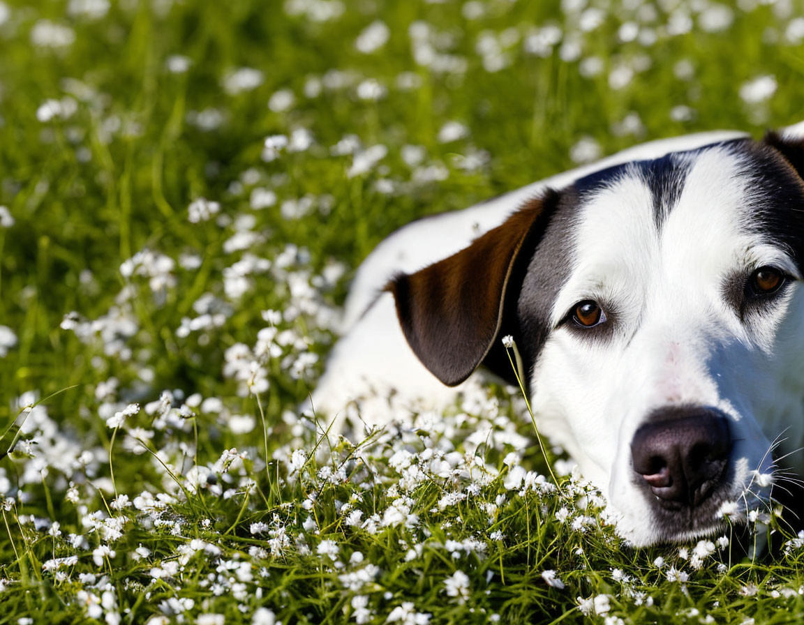 Black and White Dog Relaxing in Field of White Flowers