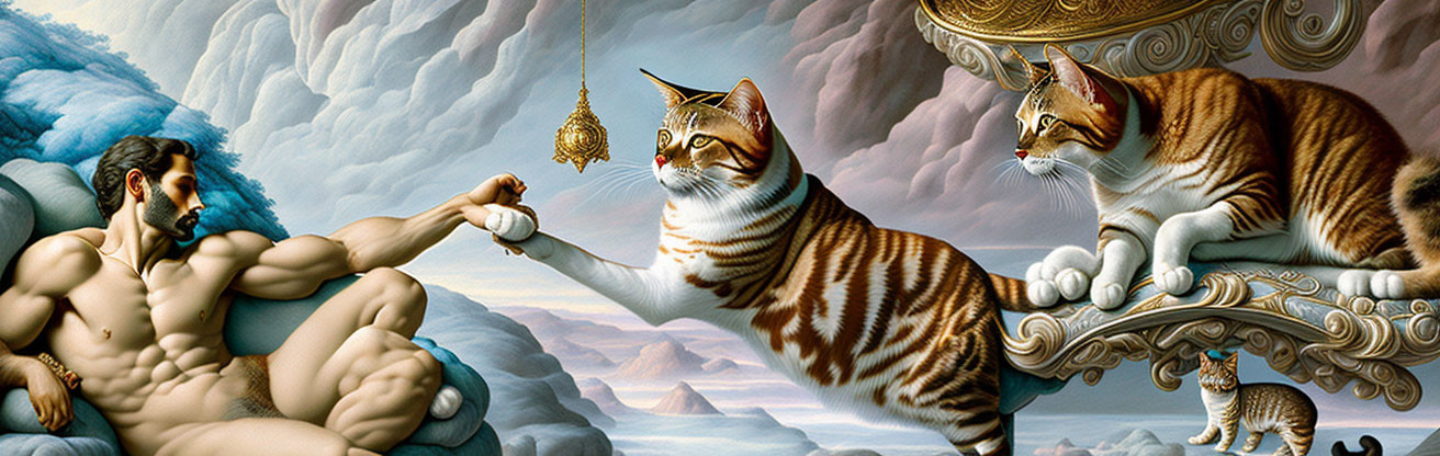 Surreal Artwork with Muscular Man and Cat Holding Pendant