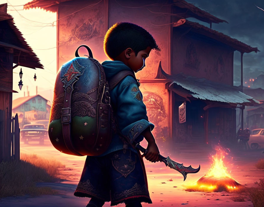 Young boy with ornate backpack and glowing weapon in rustic village at dusk