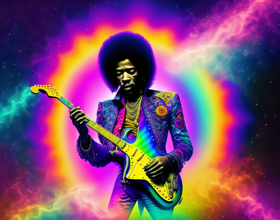 Colorful Psychedelic Guitarist Illustration with Afro and Yellow Guitar