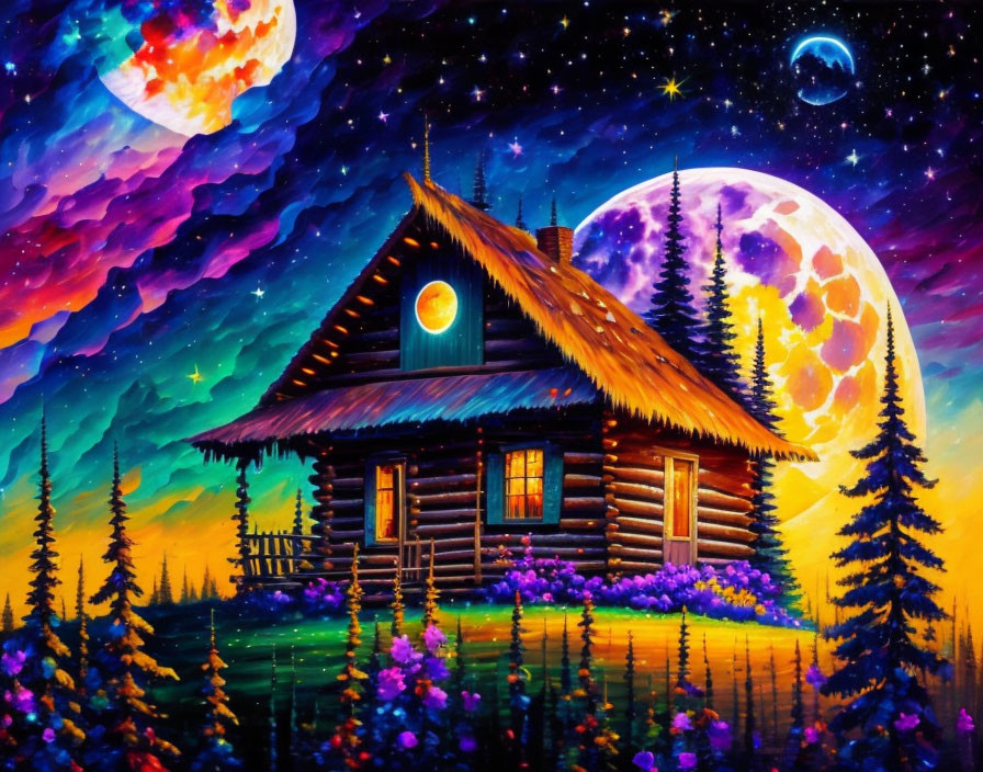 Colorful painting of log cabin under dual moons in mystical night scene