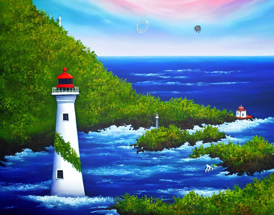 Tranquil white lighthouse by lush inlet with blue ocean & colorful skies