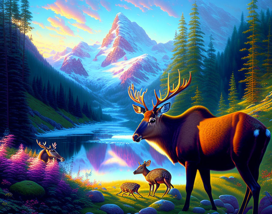 Majestic stag by tranquil lake with mountains and grazing deer