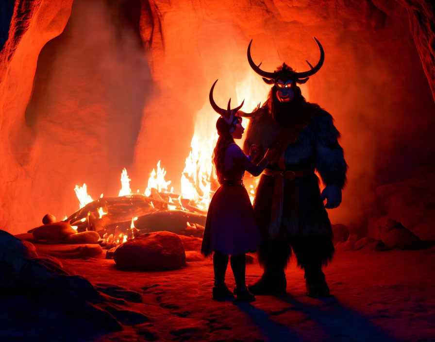 Animated characters with horns in eerie cave setting