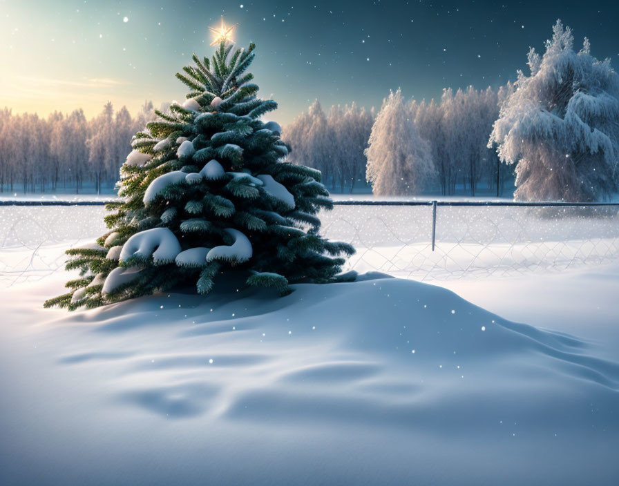 Decorated Christmas tree with star topper in snowy twilight landscape