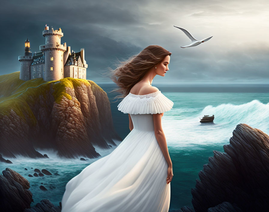 Woman in white dress by sea with castle, seagull, and ship in the background