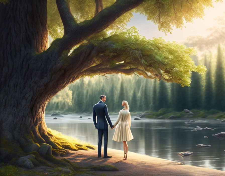 Couple under tree by serene lake with sunlight glow