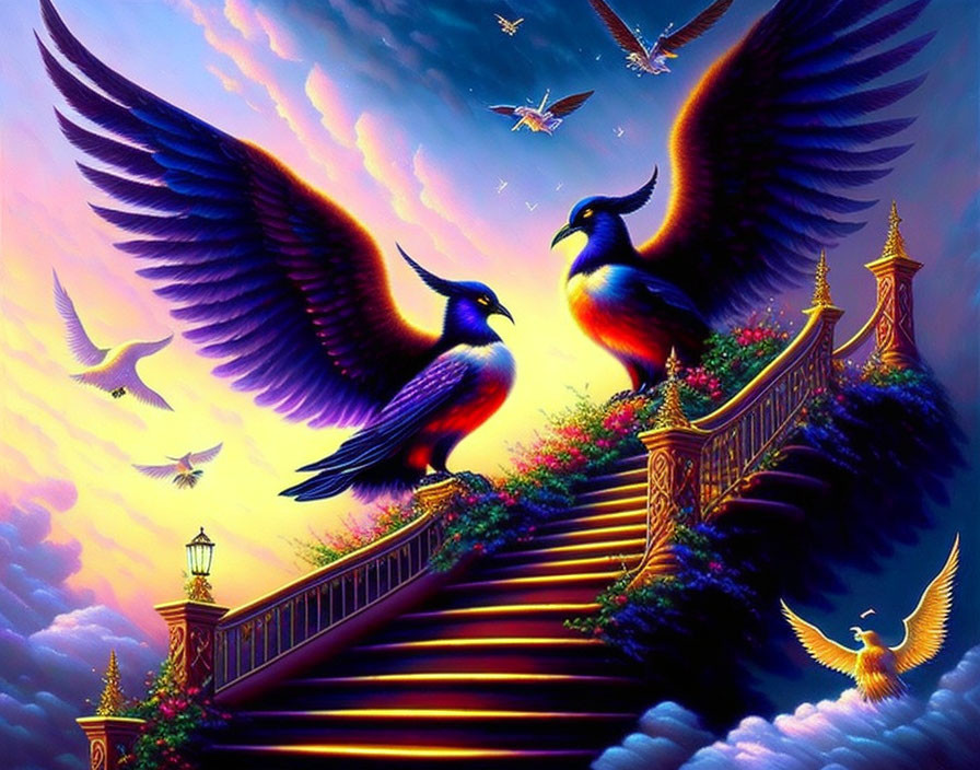 Majestic birds with outspread wings on staircase under purple sky