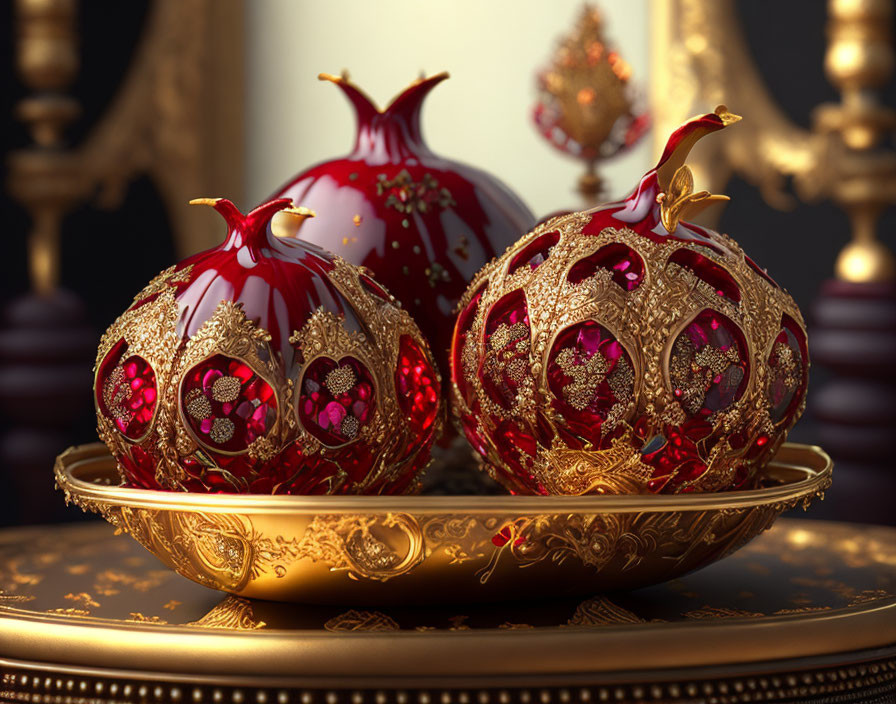 Three red and gold pomegranate-themed decorative objects on golden plate