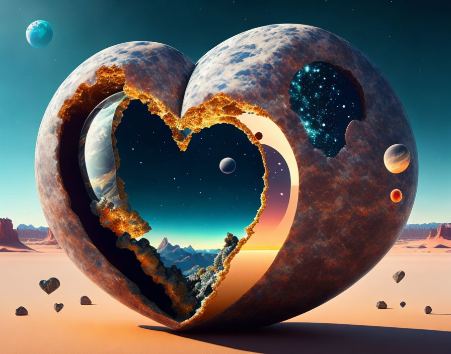 Surreal landscape with heart-shaped opening between celestial bodies