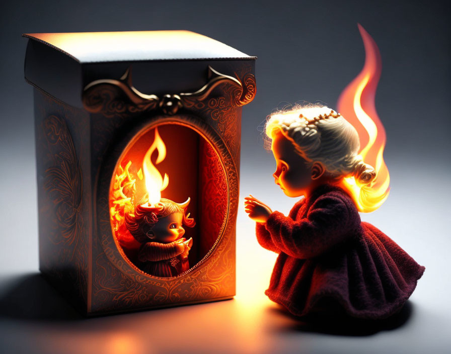 Young girl with glowing hair meets fiery creature in ornate box