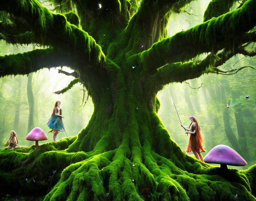 Enormous moss-covered tree in mystical forest with butterflies and fantasy figures.