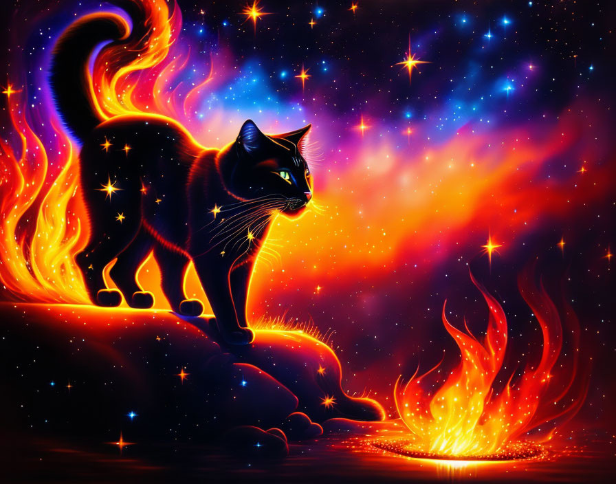 Majestic cosmic black cat with fiery tail in vibrant space backdrop