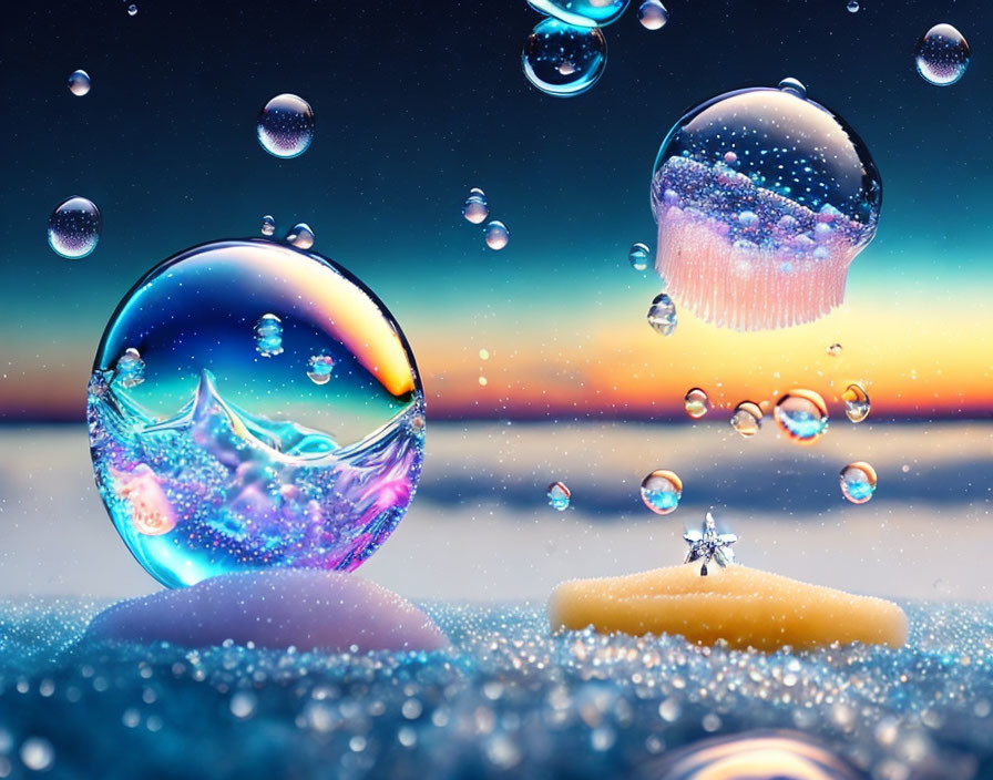 Colorful soap bubbles over surreal landscape with vibrant skies.