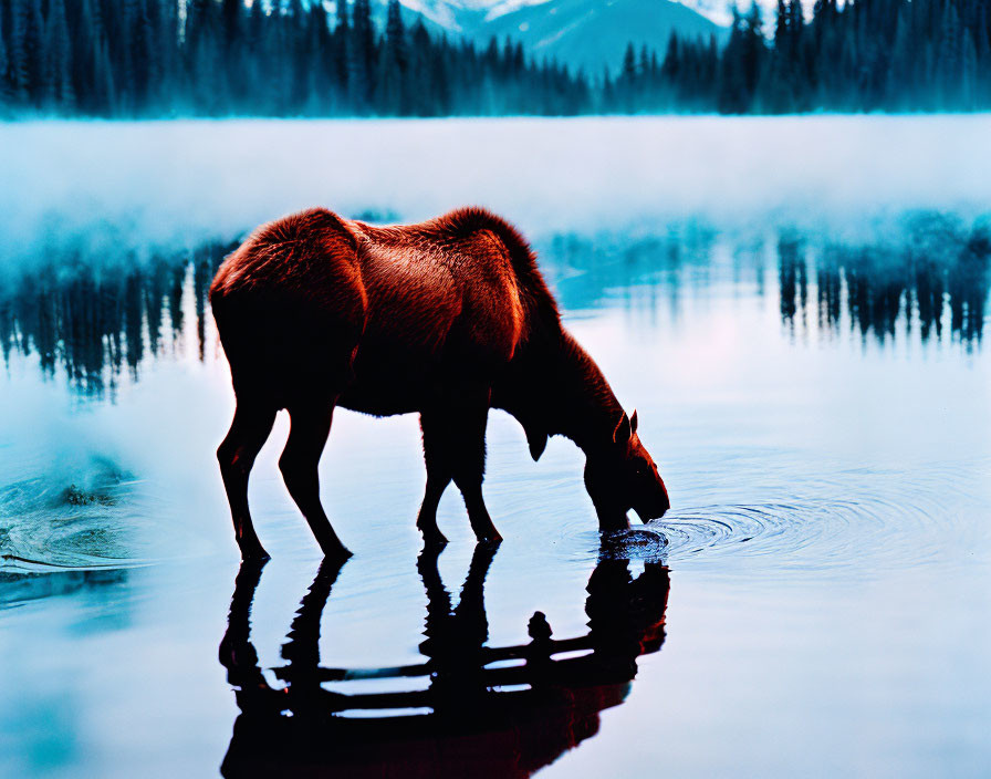 Moose drinking from misty lake with forested mountains