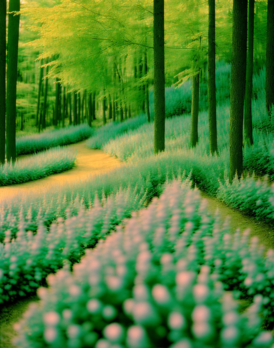 Tranquil forest scene with verdant path and flowering shrubs