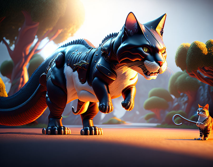 Robotic cat dwarfs real cat in futuristic landscape