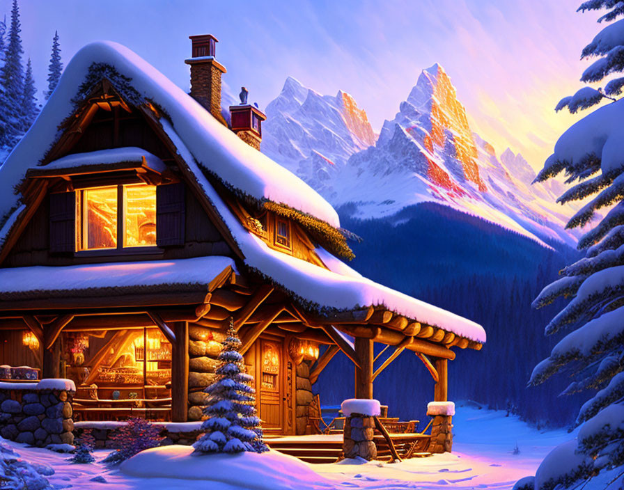 Snow-covered cabin with lit windows in twilight mountains