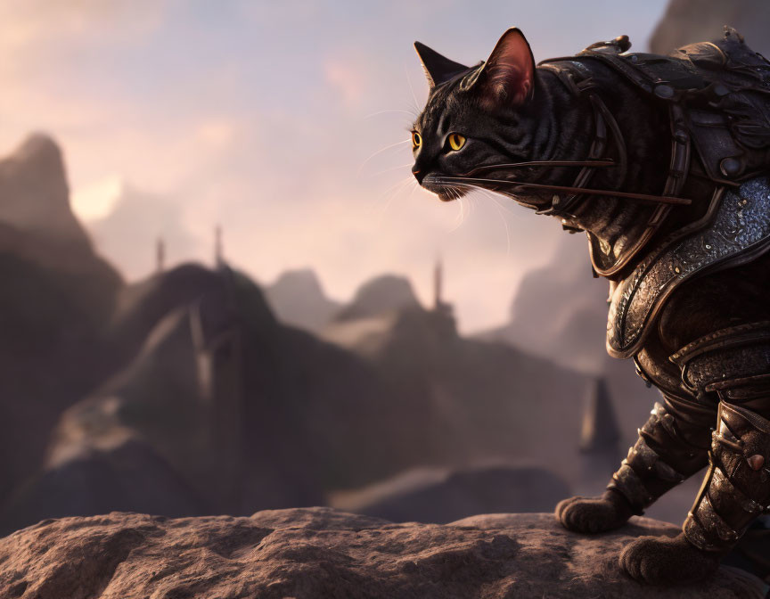 Medieval armor-clad cat on rocky ledge in twilight mountain landscape