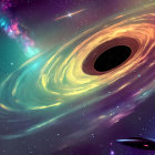 Spacecraft near swirling black hole with cosmic clouds and stars.