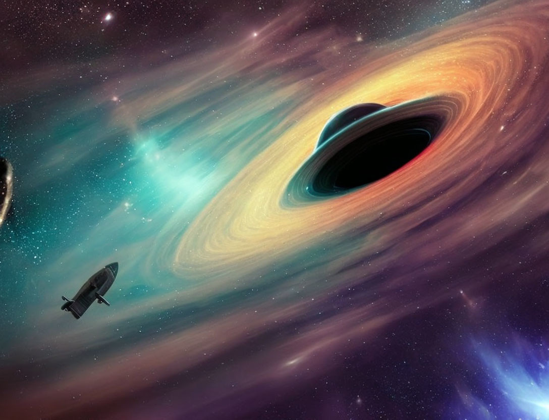 Spacecraft near swirling black hole with cosmic clouds and stars.