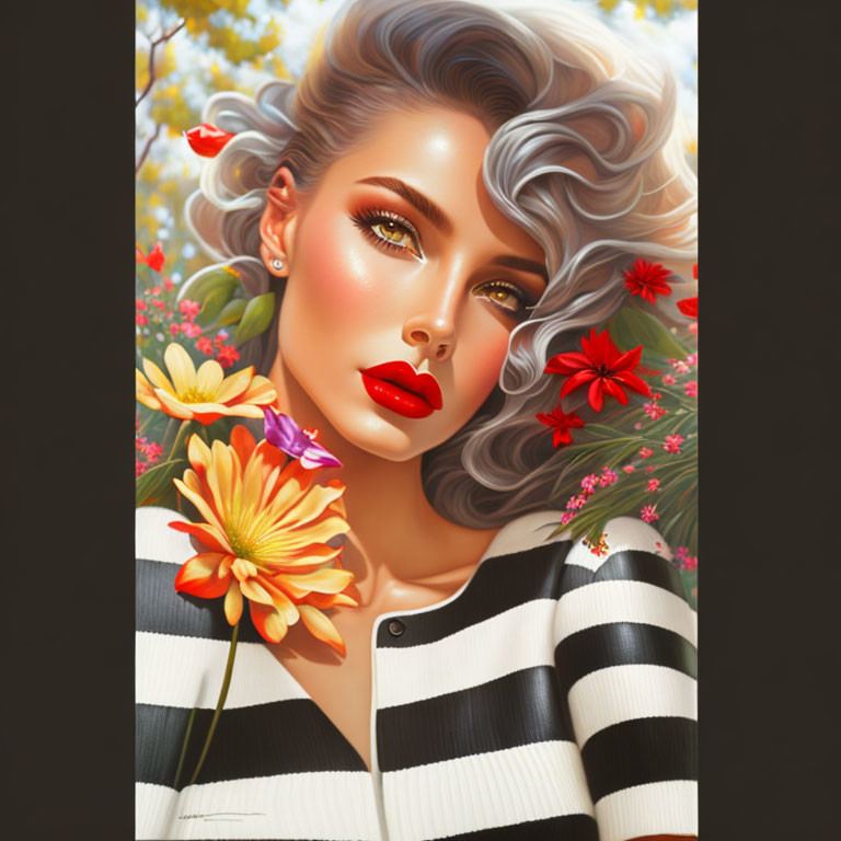 Illustrated Woman with Silver Hair, Red Lipstick, and Floral Background