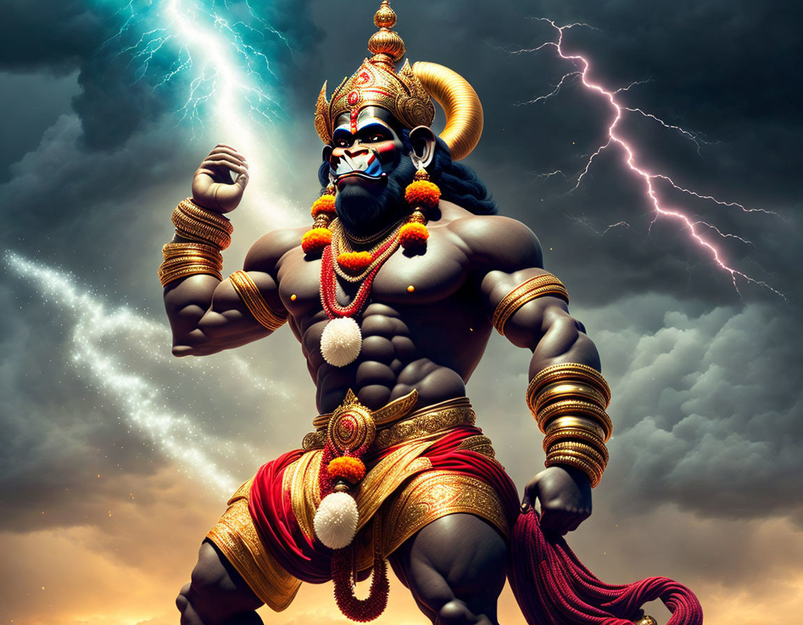 Blue-skinned muscular figure in traditional attire against stormy sky