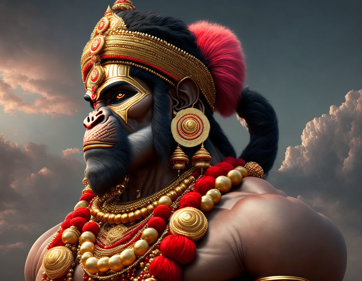 Detailed digital illustration of Hanuman, Hindu deity with gold jewelry, red accents, against cloudy sky