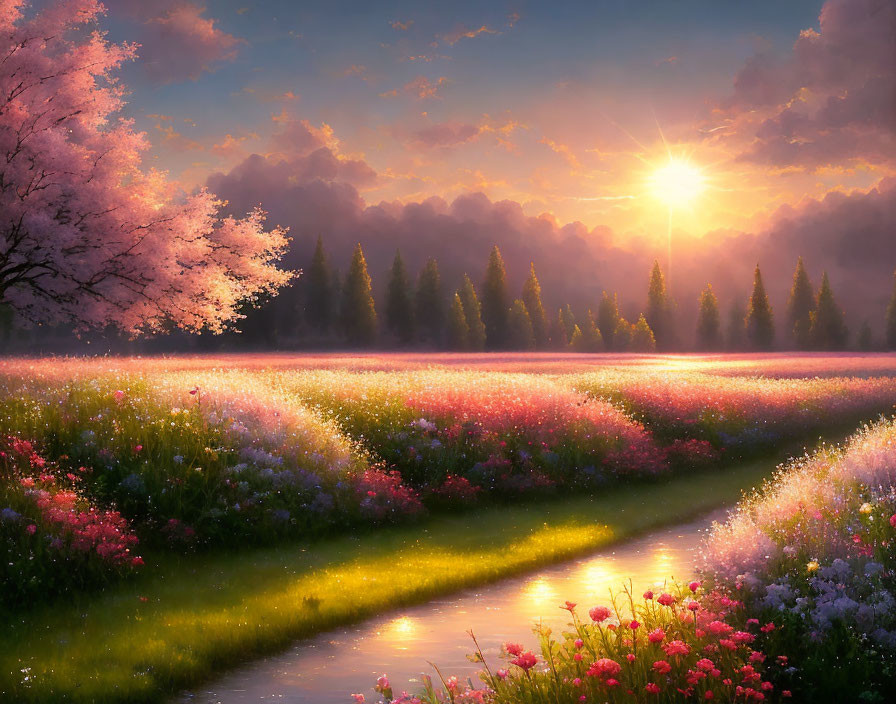 Tranquil landscape with pink flowers, golden sunrise, and flowing stream