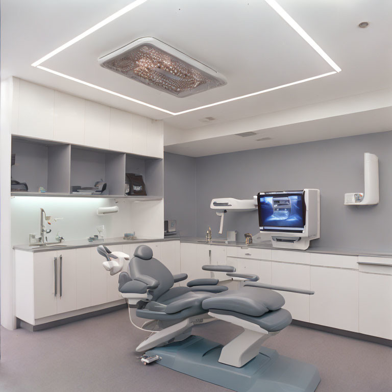 Modern Dental Clinic Room with Chair, Lights, Cabinetry, Sink & Equipment